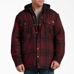 Dickies Latvija | Dickies Relaksēta fit ikona ar kapuci stepēta flaneļa krekla jaka apģērbs vīrieši L48661007 Dark Port Black Plaid (PBP)